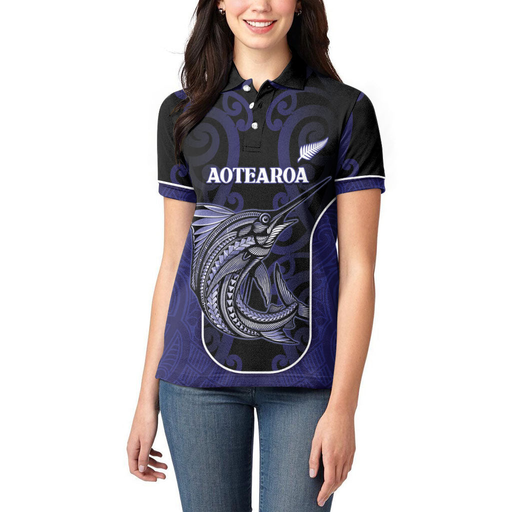 Personalised New Zealand Aotearoa Women Polo Shirt Blue Marlin Fishing Maori Pattern