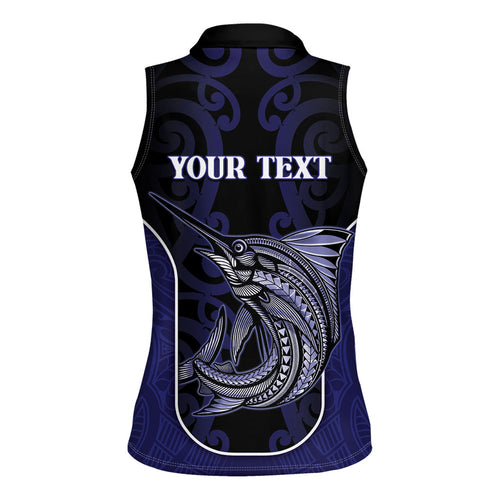 Personalised New Zealand Aotearoa Women Sleeveless Polo Shirt Blue Marlin Fishing Maori Pattern