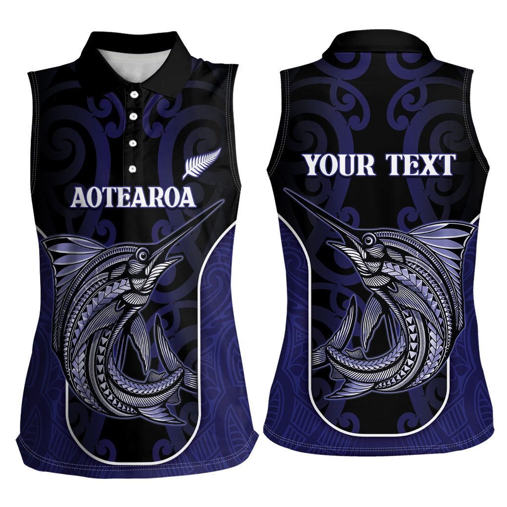 Personalised New Zealand Aotearoa Women Sleeveless Polo Shirt Blue Marlin Fishing Maori Pattern
