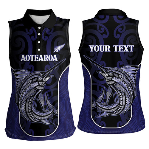 Personalised New Zealand Aotearoa Women Sleeveless Polo Shirt Blue Marlin Fishing Maori Pattern