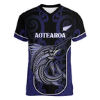 Personalised New Zealand Aotearoa Women V-Neck T-Shirt Blue Marlin Fishing Maori Pattern