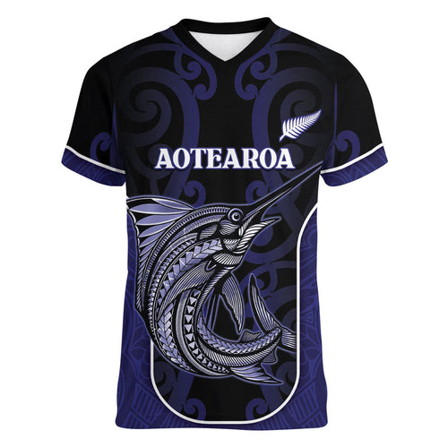 Personalised New Zealand Aotearoa Women V-Neck T-Shirt Blue Marlin Fishing Maori Pattern