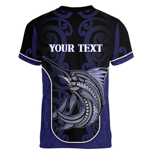 Personalised New Zealand Aotearoa Women V-Neck T-Shirt Blue Marlin Fishing Maori Pattern