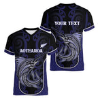 Personalised New Zealand Aotearoa Women V-Neck T-Shirt Blue Marlin Fishing Maori Pattern