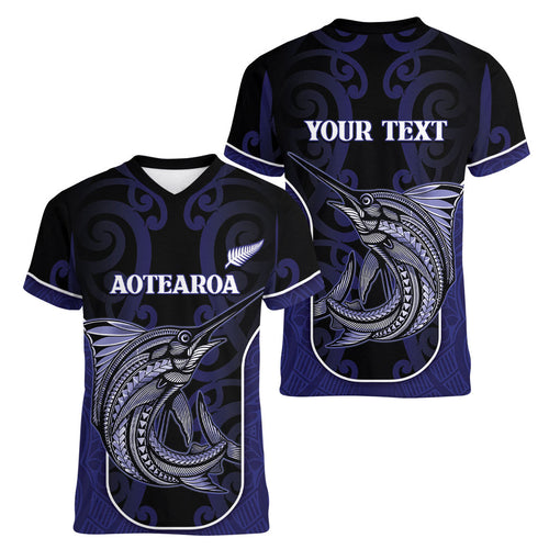 Personalised New Zealand Aotearoa Women V-Neck T-Shirt Blue Marlin Fishing Maori Pattern