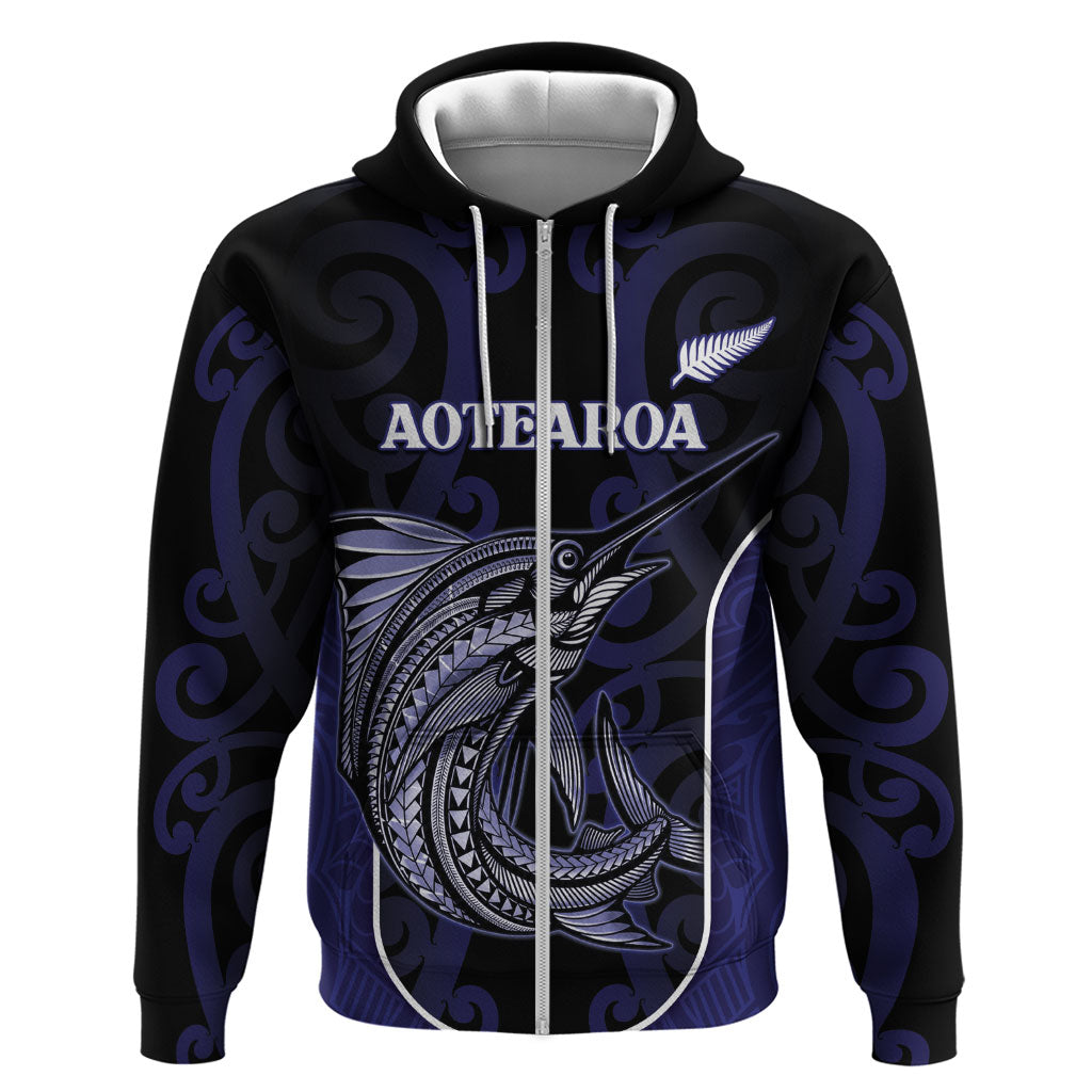 Personalised New Zealand Aotearoa Zip Hoodie Blue Marlin Fishing Maori Pattern