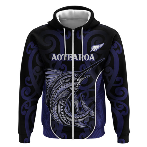 Personalised New Zealand Aotearoa Zip Hoodie Blue Marlin Fishing Maori Pattern