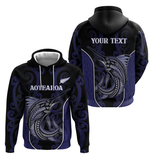 Personalised New Zealand Aotearoa Zip Hoodie Blue Marlin Fishing Maori Pattern