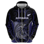 Personalised New Zealand Aotearoa Zip Hoodie Blue Marlin Fishing Maori Pattern