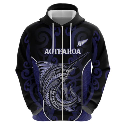 Personalised New Zealand Aotearoa Zip Hoodie Blue Marlin Fishing Maori Pattern