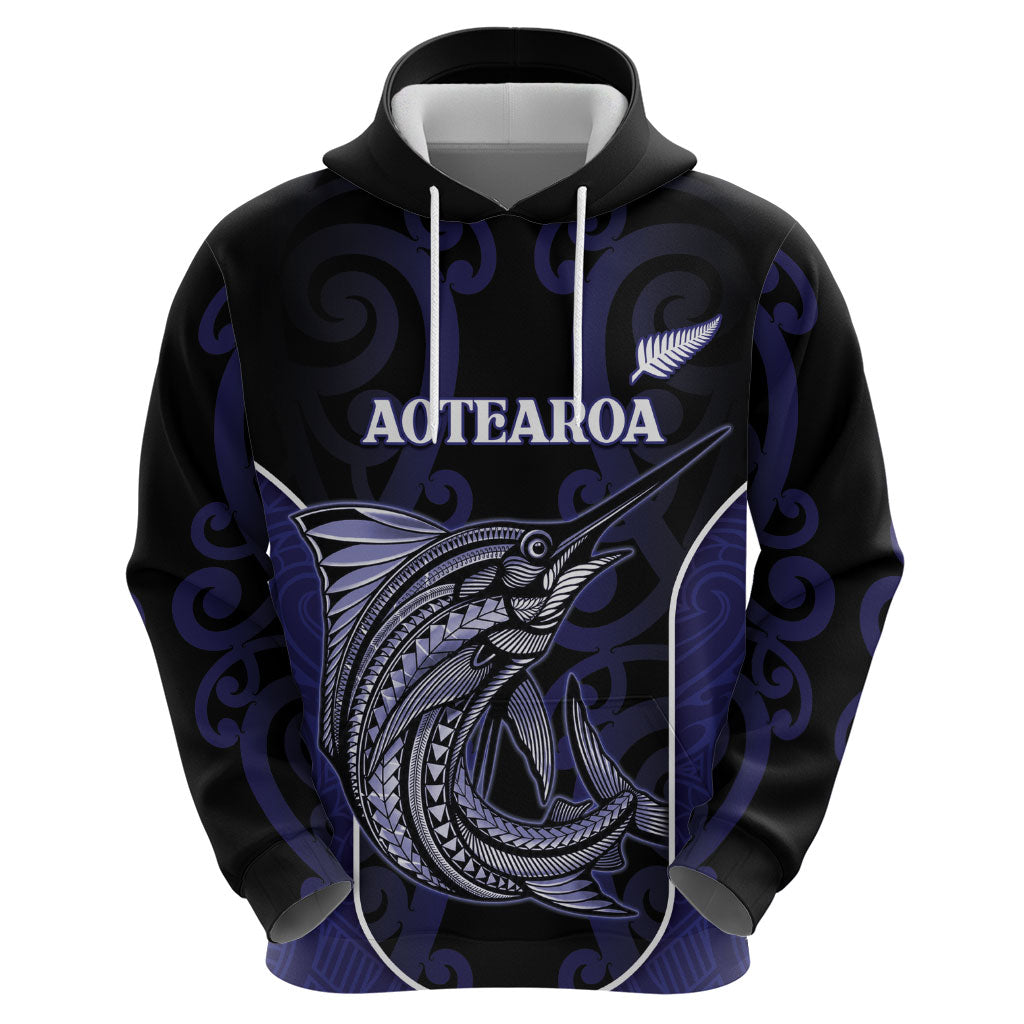 Personalised New Zealand Aotearoa Zip Hoodie Blue Marlin Fishing Maori Pattern