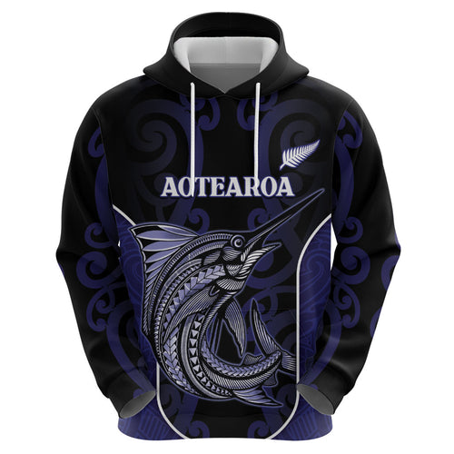 Personalised New Zealand Aotearoa Zip Hoodie Blue Marlin Fishing Maori Pattern