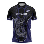 Personalised New Zealand Aotearoa Zipper Polo Shirt Blue Marlin Fishing Maori Pattern