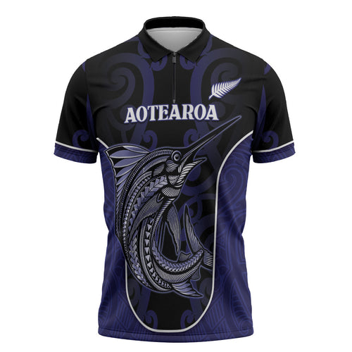Personalised New Zealand Aotearoa Zipper Polo Shirt Blue Marlin Fishing Maori Pattern