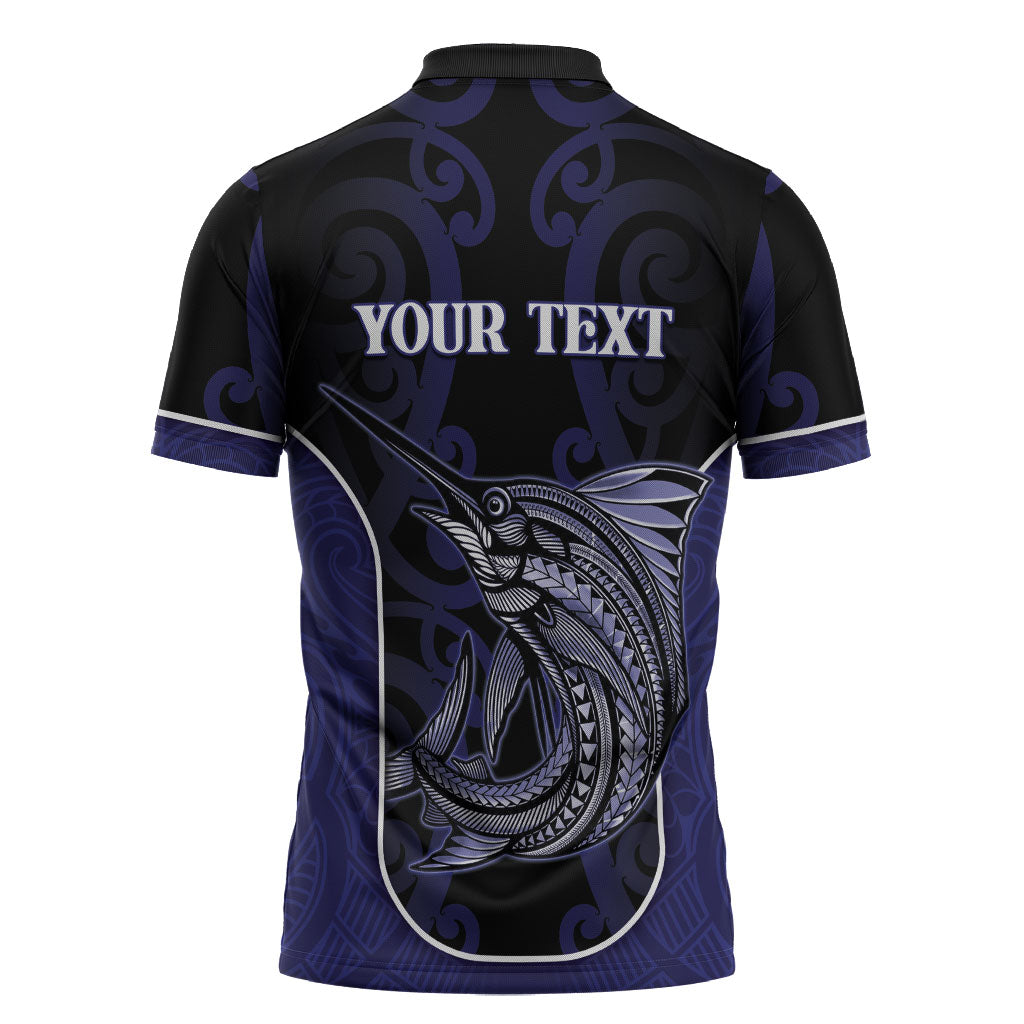 Personalised New Zealand Aotearoa Zipper Polo Shirt Blue Marlin Fishing Maori Pattern