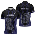 Personalised New Zealand Aotearoa Zipper Polo Shirt Blue Marlin Fishing Maori Pattern