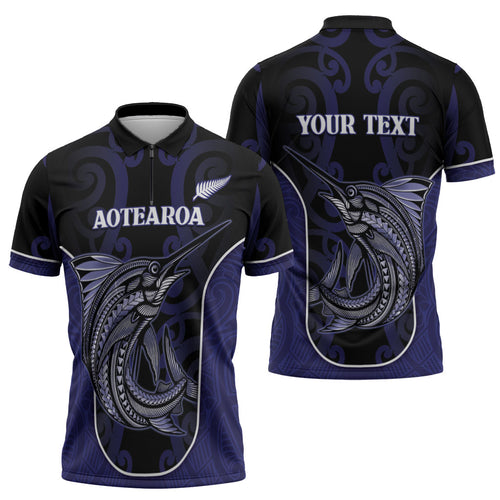 Personalised New Zealand Aotearoa Zipper Polo Shirt Blue Marlin Fishing Maori Pattern