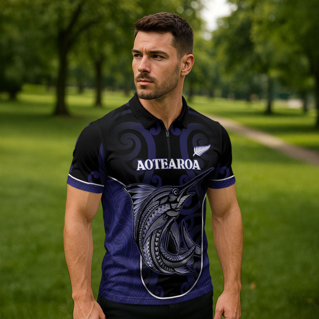 Personalised New Zealand Aotearoa Zipper Polo Shirt Blue Marlin Fishing Maori Pattern