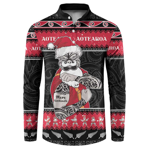 New Zealand Santa Tiki Christmas Button Sweatshirt Meri Kirihimete