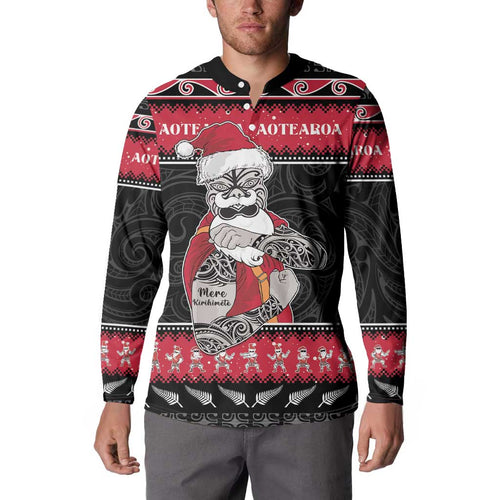 New Zealand Santa Tiki Christmas Button Sweatshirt Meri Kirihimete