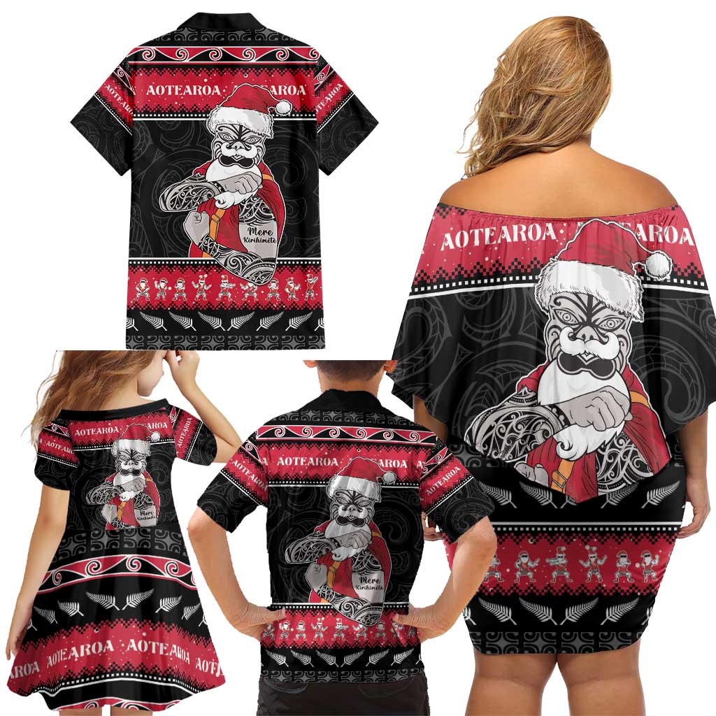 New Zealand Santa Tiki Christmas Family Matching Off Shoulder Short Dress and Hawaiian Shirt Meri Kirihimete