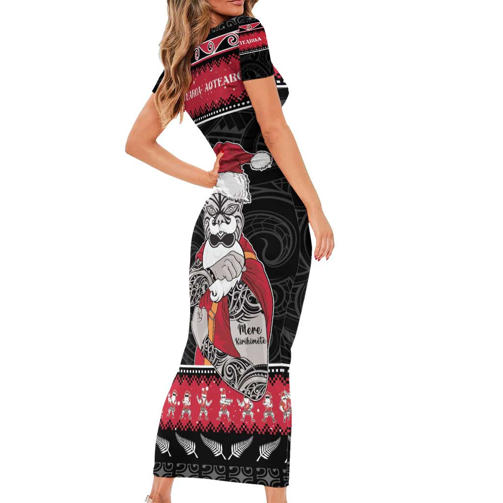 New Zealand Santa Tiki Christmas Family Matching Short Sleeve Bodycon Dress and Hawaiian Shirt Meri Kirihimete