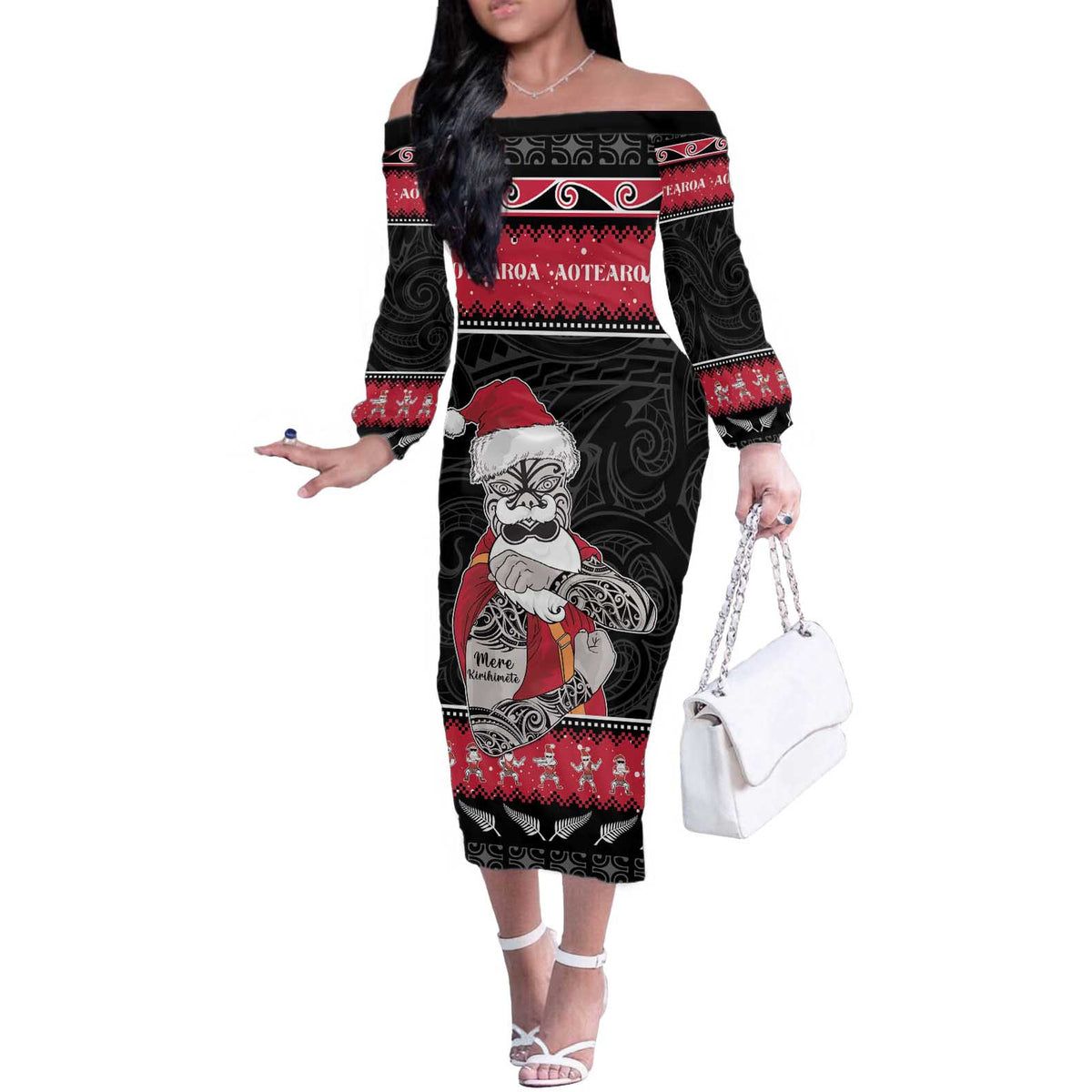 New Zealand Santa Tiki Christmas Off The Shoulder Long Sleeve Dress Meri Kirihimete