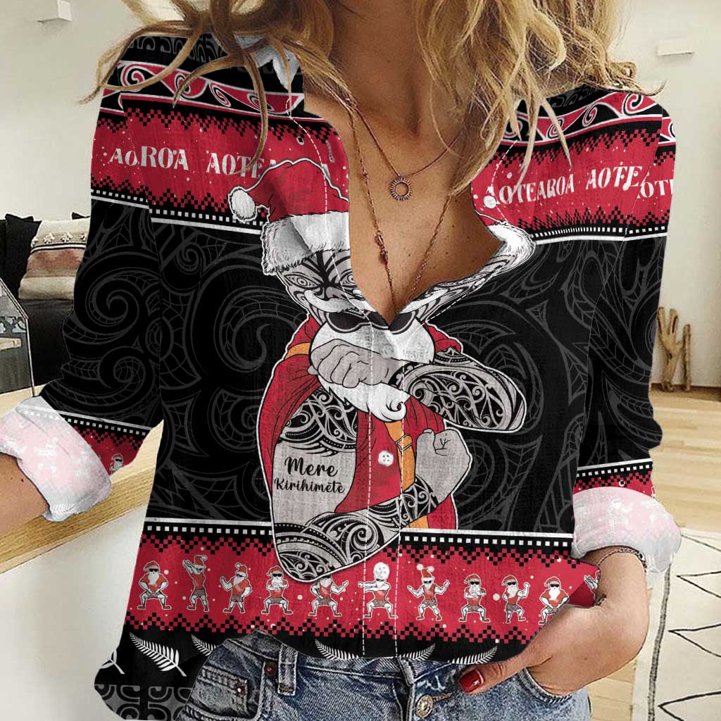 New Zealand Santa Tiki Christmas Women Casual Shirt Meri Kirihimete