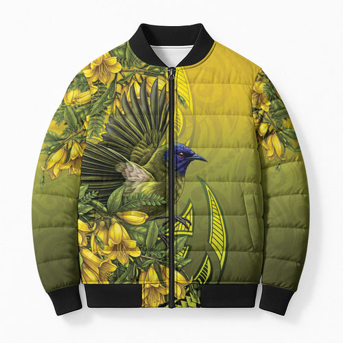 New Zealand Bellbird Bomber Puffer Jacket With Kowhai Flowers