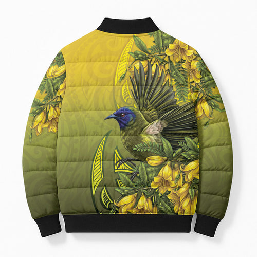 New Zealand Bellbird Bomber Puffer Jacket With Kowhai Flowers