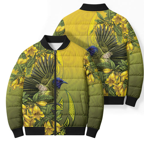 New Zealand Bellbird Bomber Puffer Jacket With Kowhai Flowers
