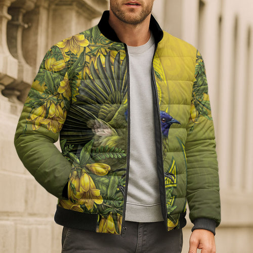New Zealand Bellbird Bomber Puffer Jacket With Kowhai Flowers