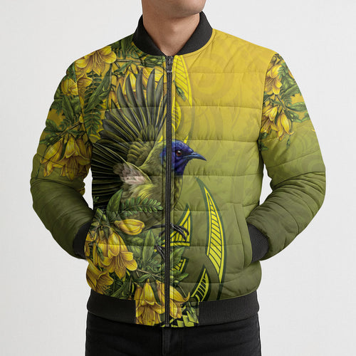 New Zealand Bellbird Bomber Puffer Jacket With Kowhai Flowers