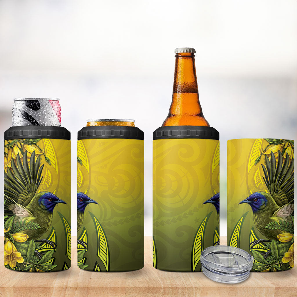 New Zealand Bellbird 4 in 1 Can Cooler Tumbler With Kowhai Flowers