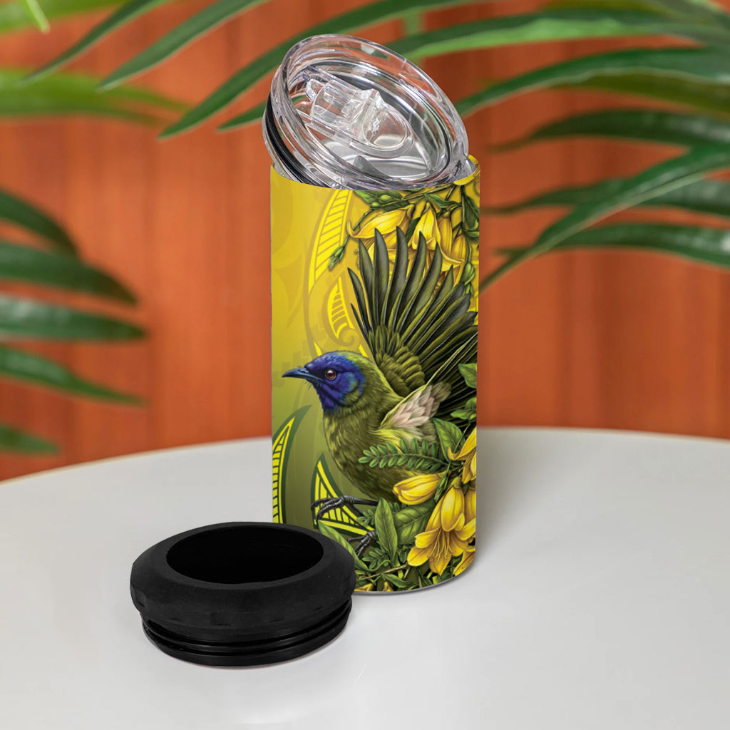 New Zealand Bellbird 4 in 1 Can Cooler Tumbler With Kowhai Flowers