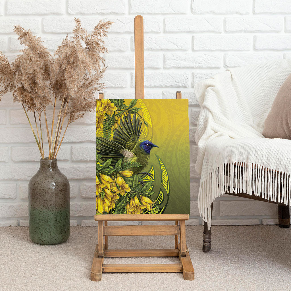 New Zealand Bellbird Canvas Wall Art With Kowhai Flowers