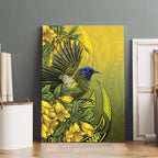 New Zealand Bellbird Canvas Wall Art With Kowhai Flowers