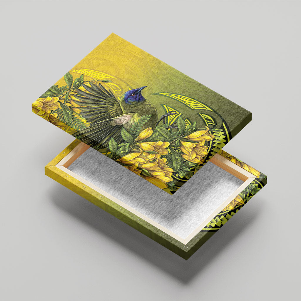 New Zealand Bellbird Canvas Wall Art With Kowhai Flowers