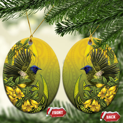 New Zealand Bellbird Ceramic Ornament With Kowhai Flowers