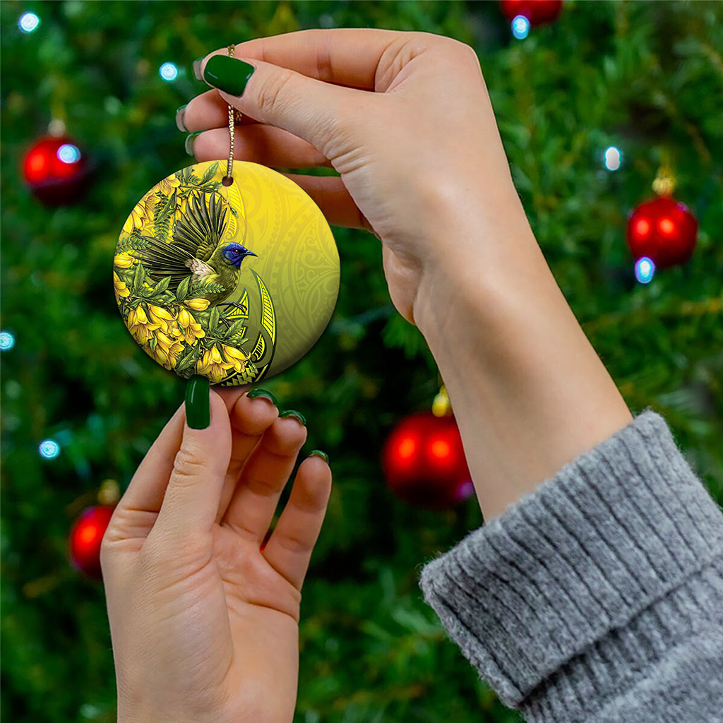 New Zealand Bellbird Ceramic Ornament With Kowhai Flowers