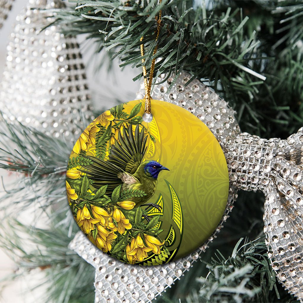 New Zealand Bellbird Ceramic Ornament With Kowhai Flowers