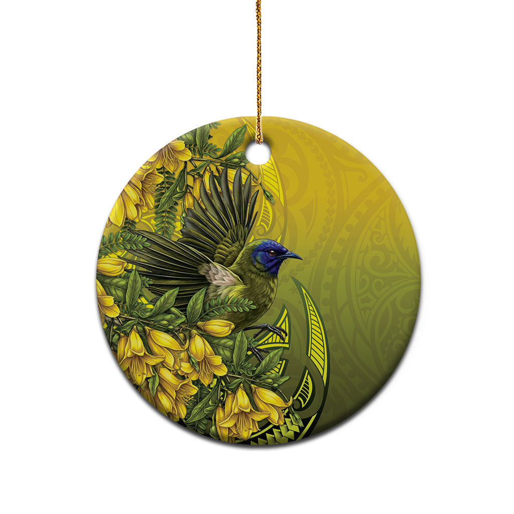 New Zealand Bellbird Ceramic Ornament With Kowhai Flowers