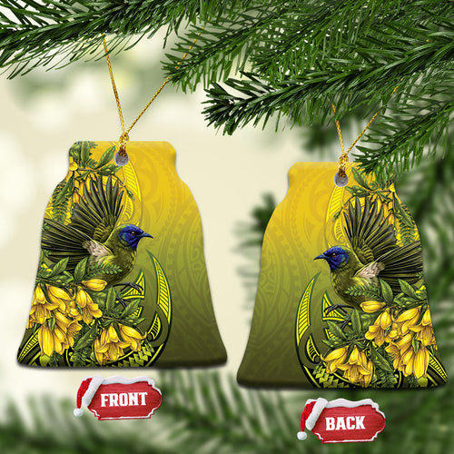 New Zealand Bellbird Ceramic Ornament With Kowhai Flowers