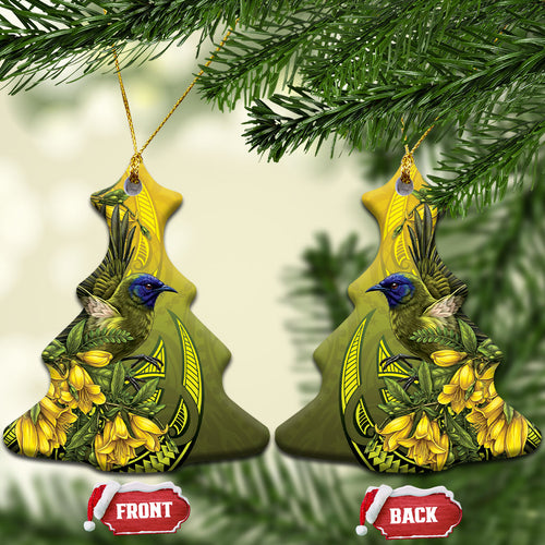 New Zealand Bellbird Ceramic Ornament With Kowhai Flowers