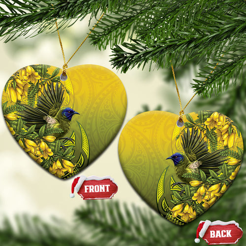 New Zealand Bellbird Ceramic Ornament With Kowhai Flowers