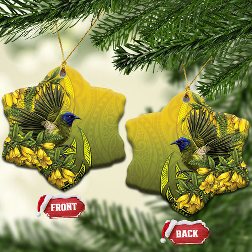 New Zealand Bellbird Ceramic Ornament With Kowhai Flowers