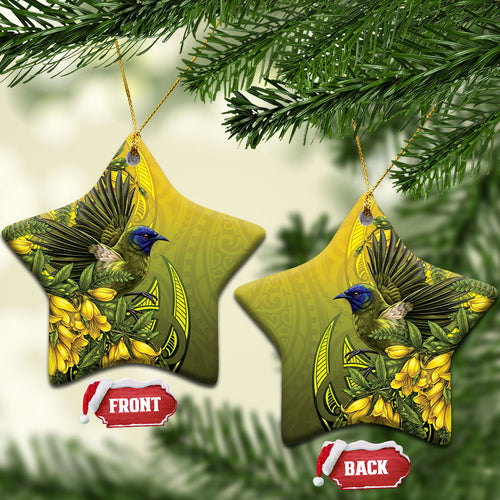 New Zealand Bellbird Ceramic Ornament With Kowhai Flowers