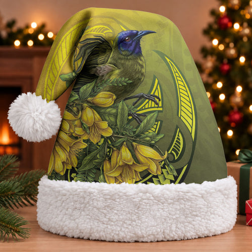 New Zealand Bellbird Christmas Santa Hat With Kowhai Flowers