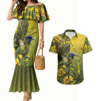 New Zealand Bellbird Couples Matching Mermaid Dress and Hawaiian Shirt With Kowhai Flowers