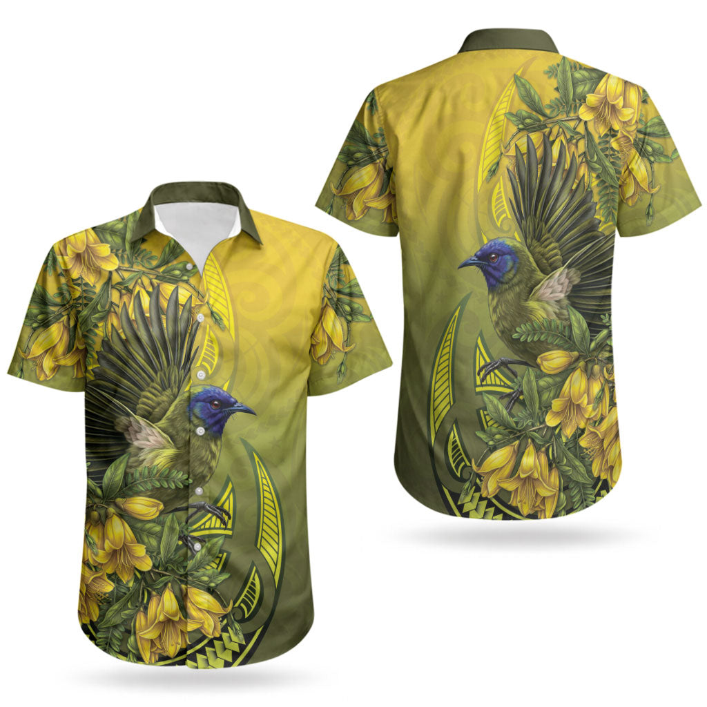 New Zealand Bellbird Couples Matching Mermaid Dress and Hawaiian Shirt With Kowhai Flowers
